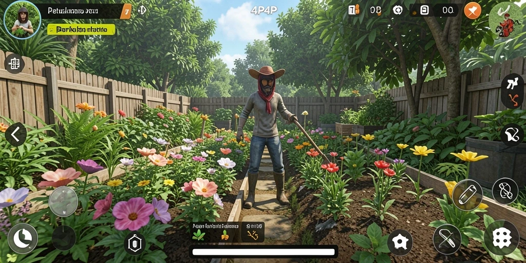 Tampilan menawan dari gameplay <strong>4P4P</strong> yang menunjukkan kebun yang subur.