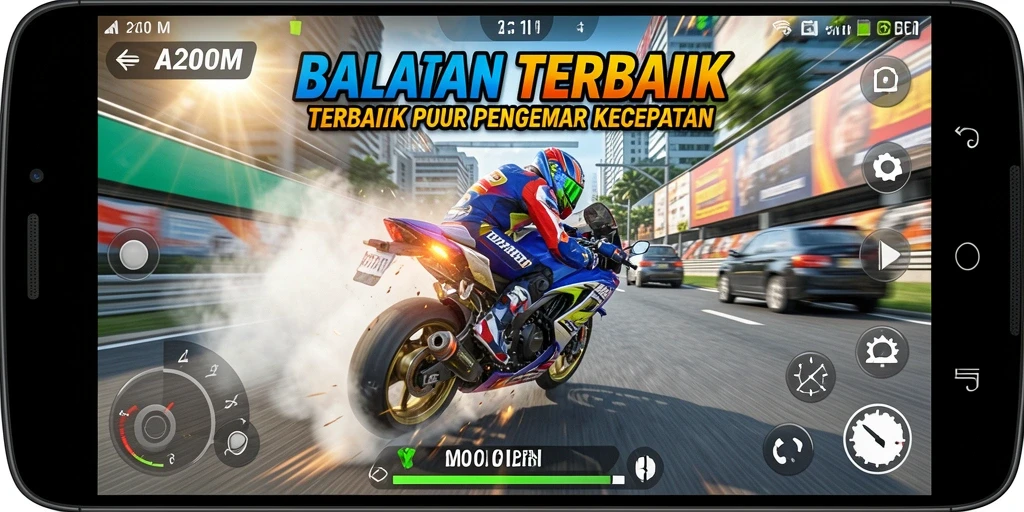 Screenshot gameplay A200M menampilkan balapan motor yang intens dan grafis yang menakjubkan.