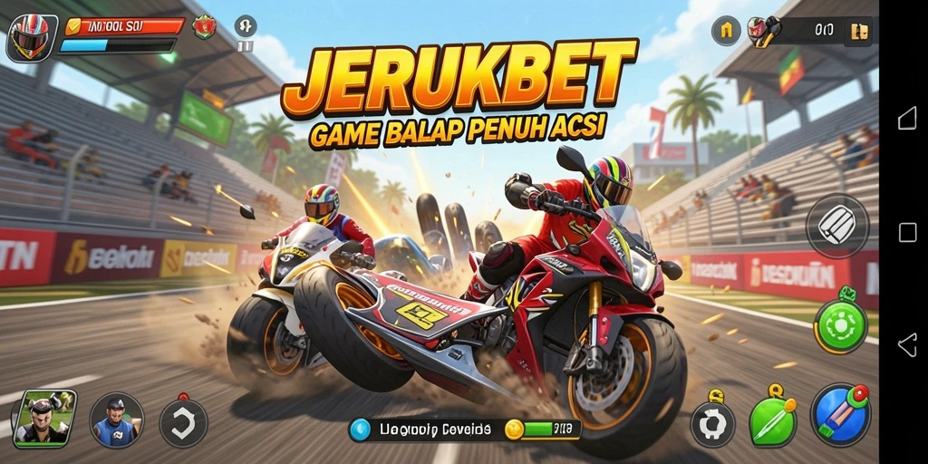 Screenshot utama JERUKBET menampilkan aksi balapan yang seru.