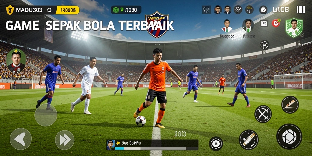 Tangkapan layar gameplay MADU303 menampilkan aksi seru di lapangan sepak bola.