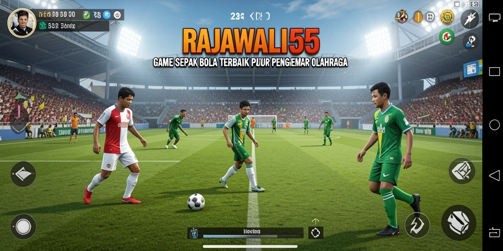 Tampilan gameplay menarik dari RAJAWALI55 yang menggambarkan aksi sepak bola.