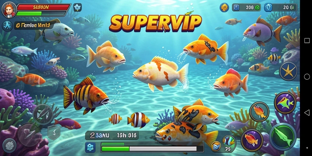 Screenshot gameplay SUPERVIP menunjukkan aksi seru tembak ikan.